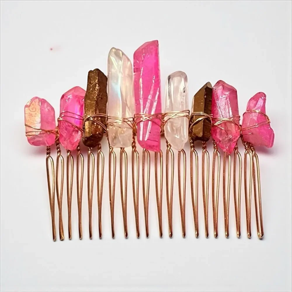 Handmade Genuine Pink White And Bronze Crystal Hair Comb